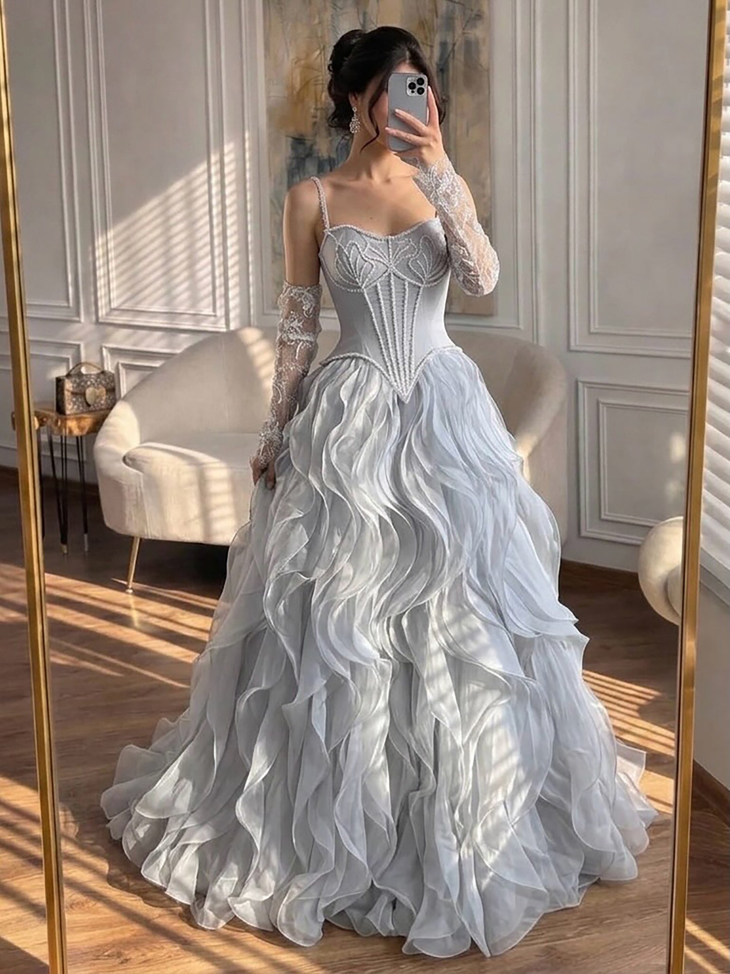Luxury Gray Beaded Mermaid Corset Tulle Evening Dress With Gloves LA73368A SERENE HILL