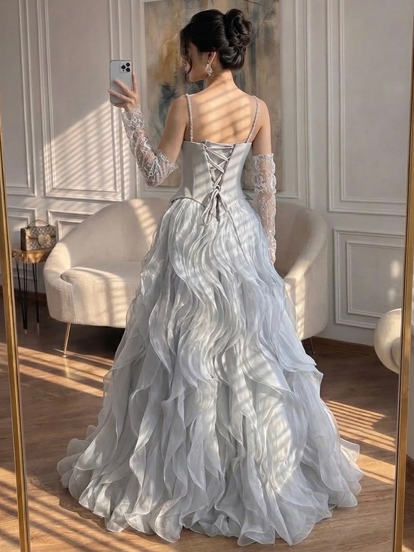 Luxury Gray Beaded Mermaid Corset Tulle Evening Dress With Gloves LA73368A SERENE HILL