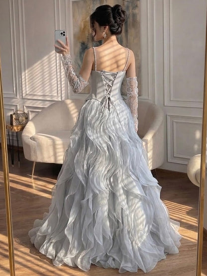 Luxury Gray Beaded Mermaid Corset Tulle Evening Dress With Gloves LA73368A SERENE HILL