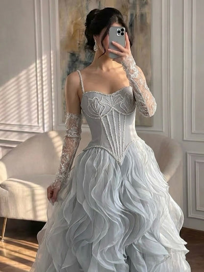 Luxury Gray Beaded Mermaid Corset Tulle Evening Dress With Gloves LA73368A SERENE HILL