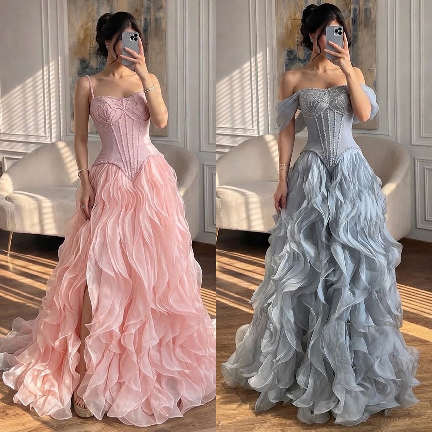 Luxury Pink Beaded Corset Ruffled Slit Evening Gown LA73368B SERENE HILL