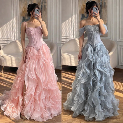 Luxury Pink Beaded Corset Ruffled Slit Evening Gown LA73368B SERENE HILL