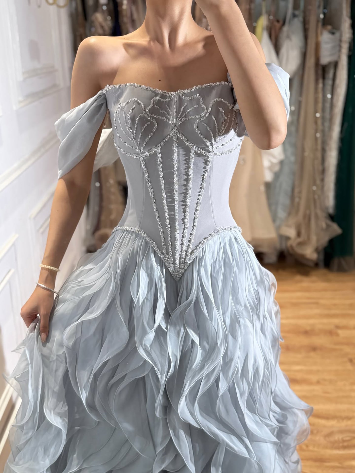Luxury Pink Beaded Corset Ruffled Slit Evening Gown LA73368B SERENE HILL