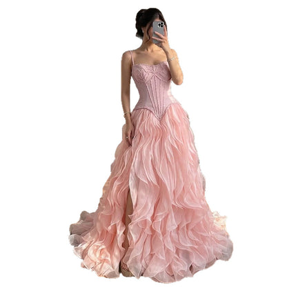 Luxury Pink Beaded Corset Ruffled Slit Evening Gown LA73368B SERENE HILL
