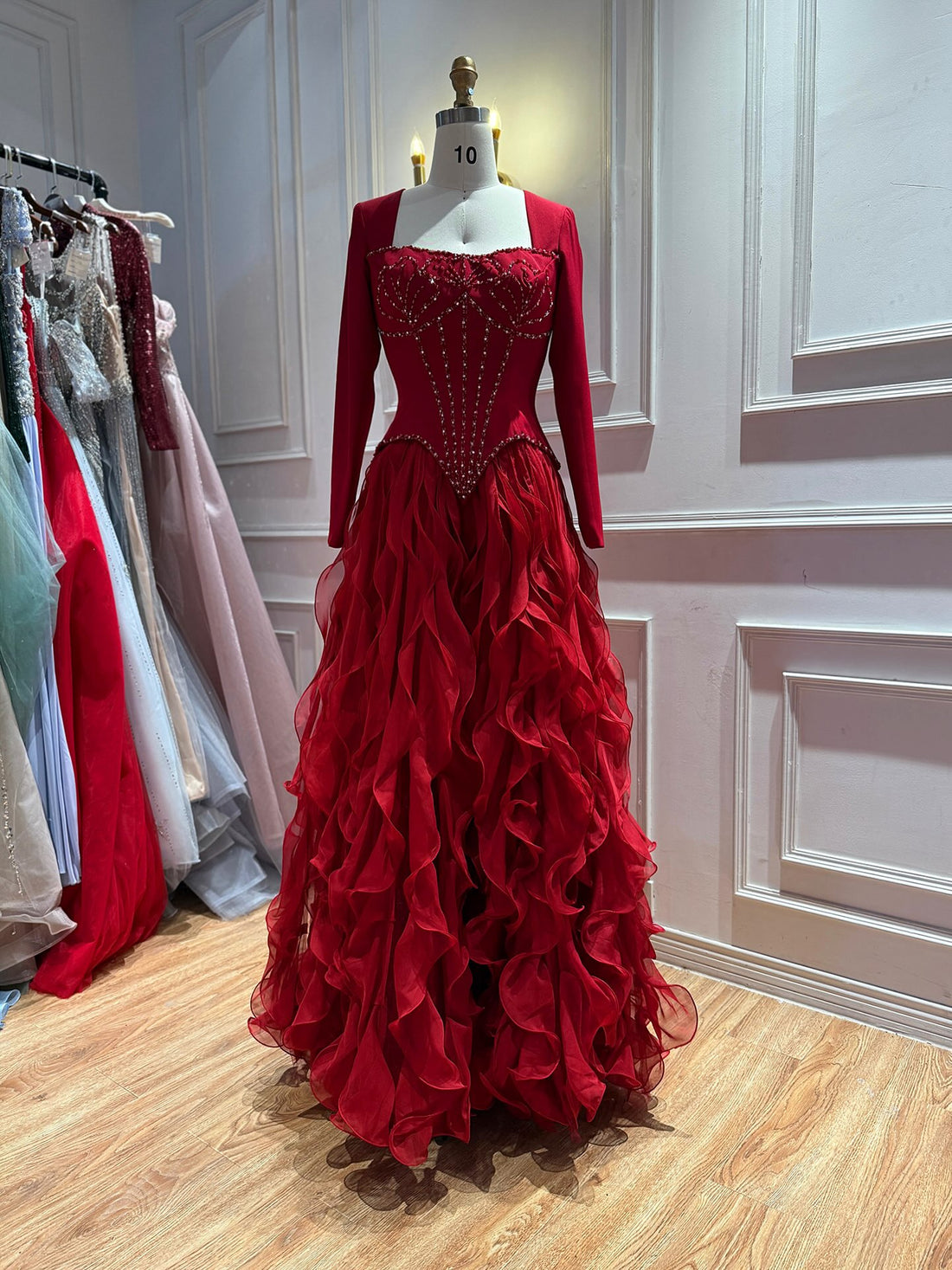 Elegant Wine Red Beaded Corset Ruffle A Line Dress LA73368E