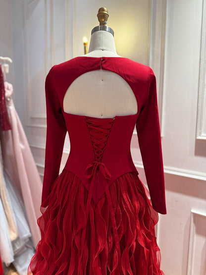 Elegant Wine Red Beaded Corset Ruffle A Line Dress LA73368E