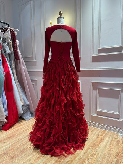Elegant Wine Red Beaded Corset Ruffle A Line Dress LA73368E