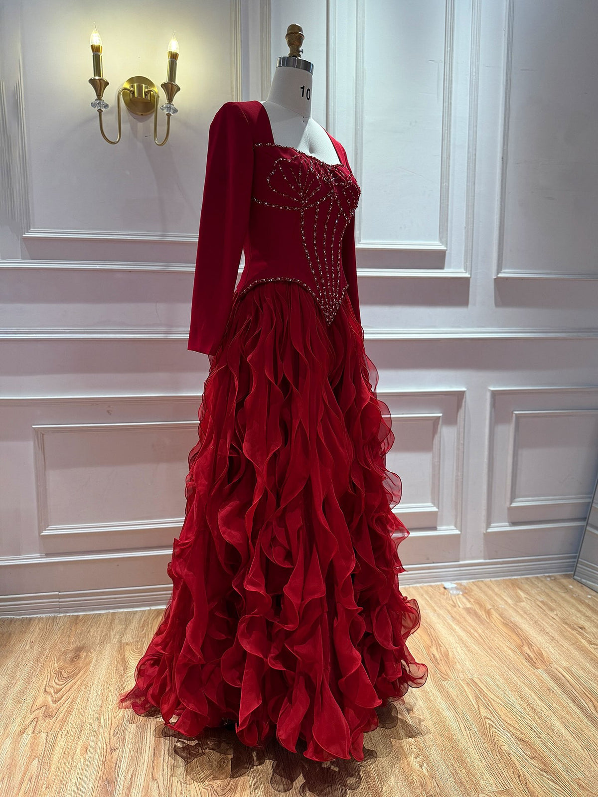 Elegant Wine Red Beaded Corset Ruffle A Line Dress LA73368E