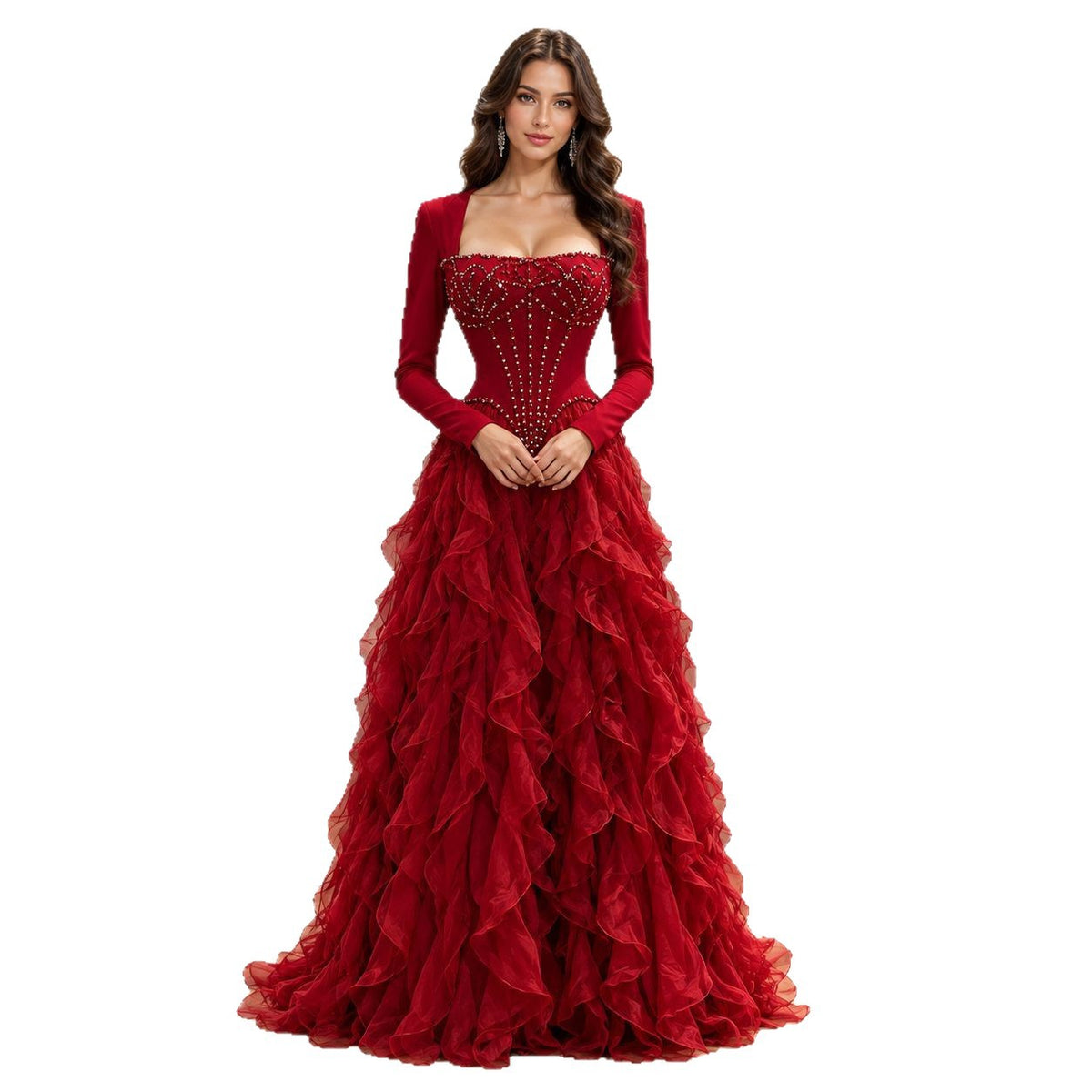 Elegant Wine Red Beaded Corset Ruffle A Line Dress LA73368E