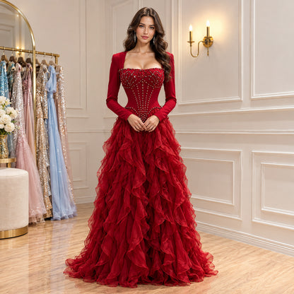 Elegant Wine Red Beaded Corset Ruffle A Line Dress LA73368E