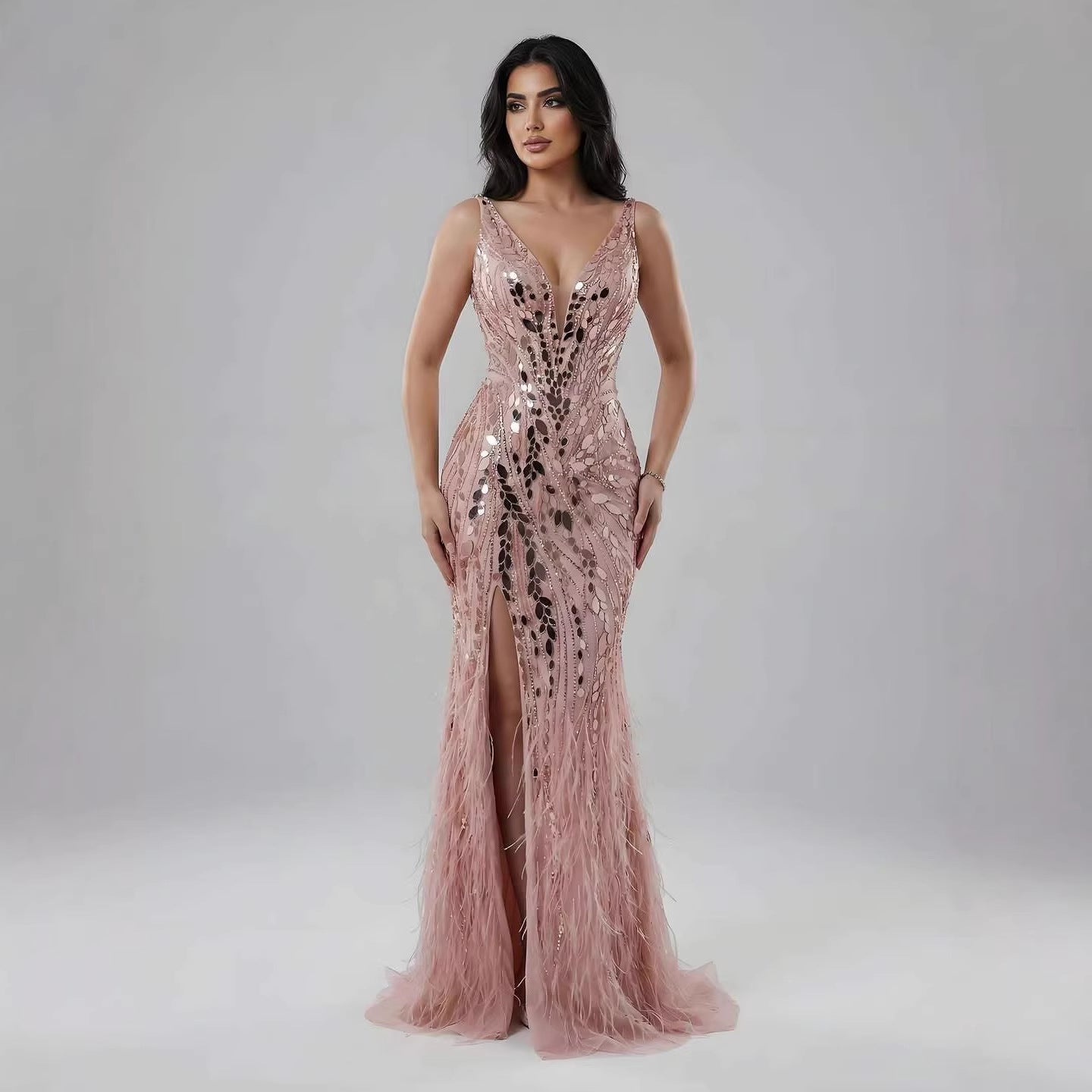 Luxury Blue Beaded Feather Mermaid Evening Dress LA73369