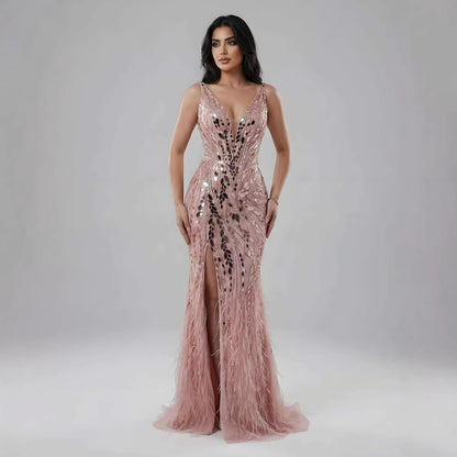 Luxury Blue Beaded Feather Mermaid Evening Dress LA73369