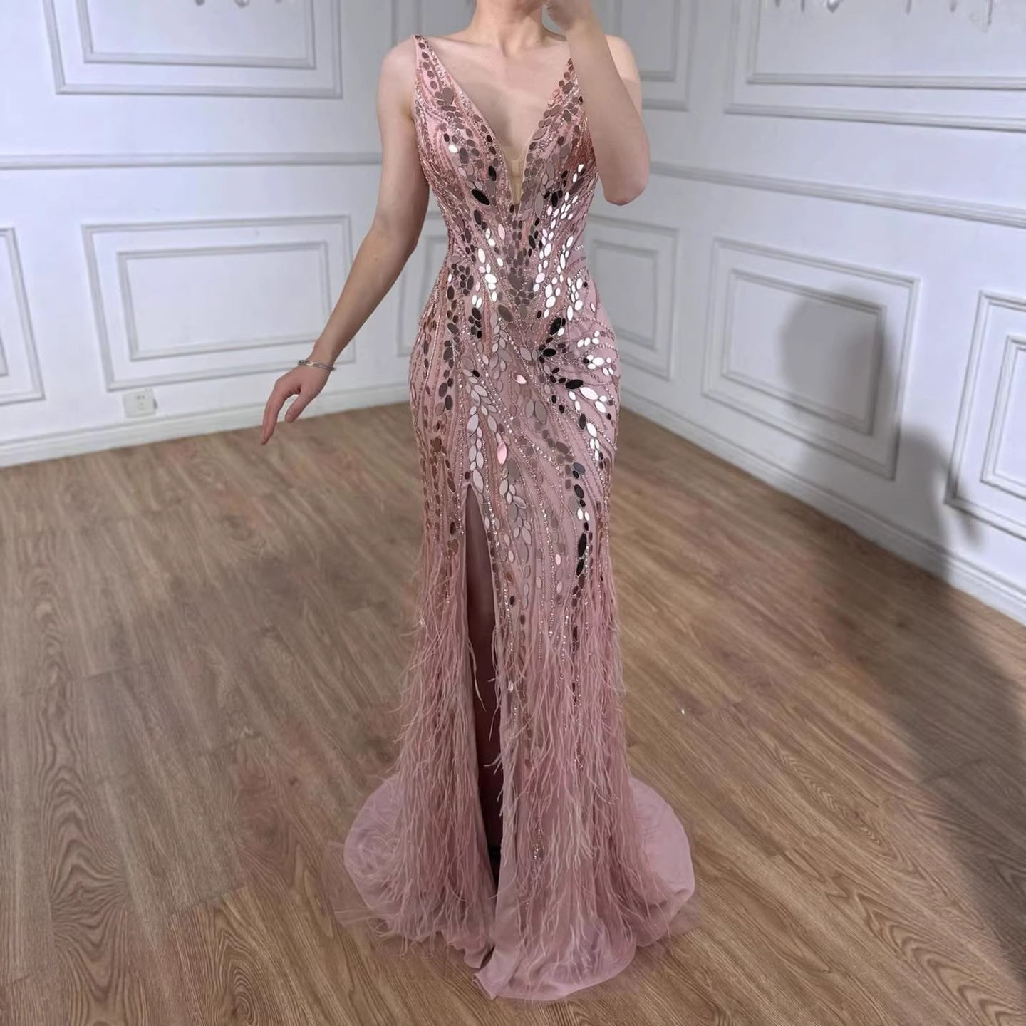 Luxury Blue Beaded Feather Mermaid Evening Dress LA73369