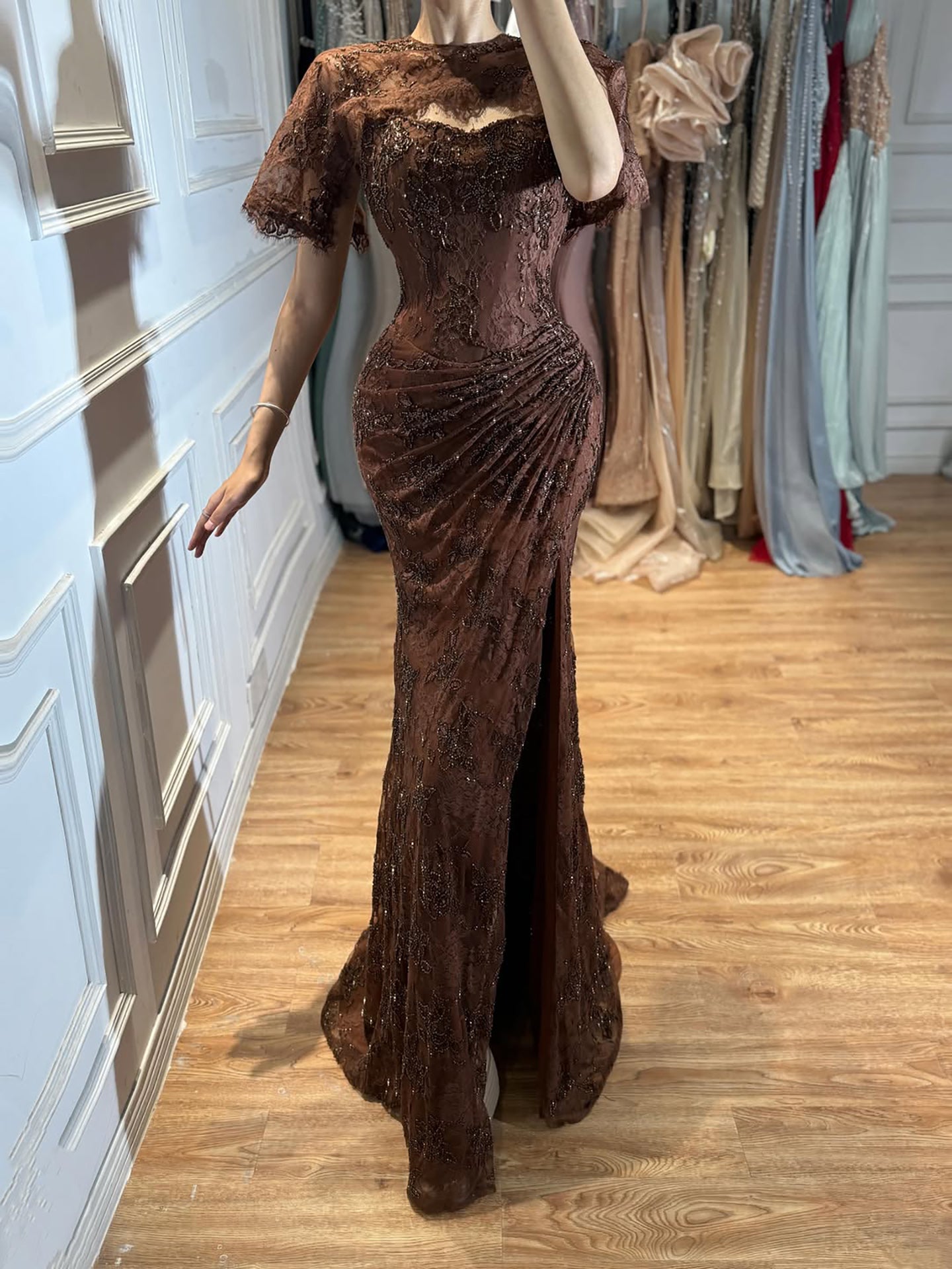 Luxury Brown Beaded Mermaid Gown with Cape LA73370 SERENE HILL