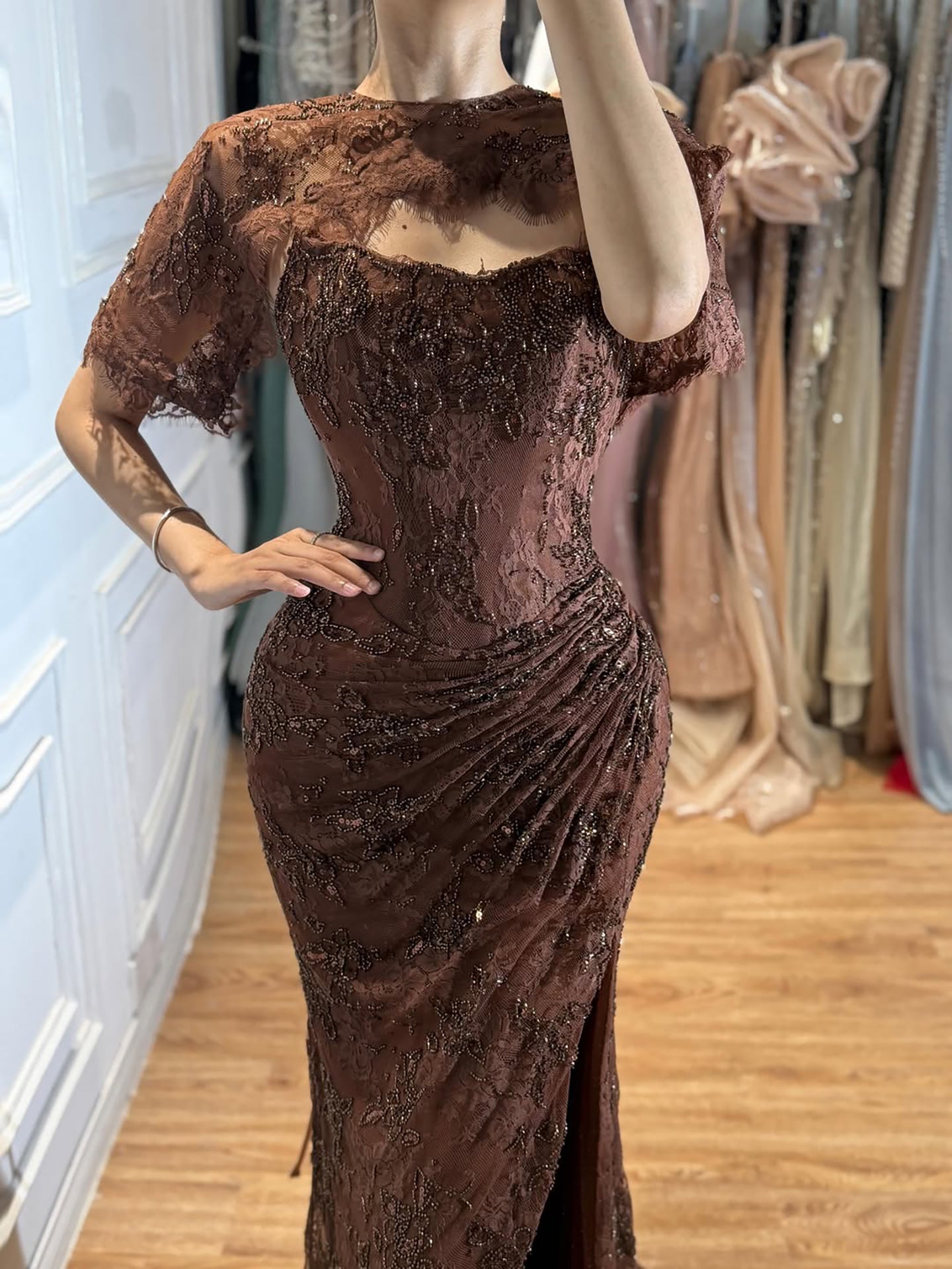 Luxury Brown Beaded Mermaid Gown with Cape LA73370 SERENE HILL