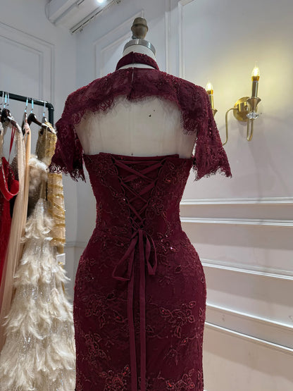 Luxury Brown Beaded Mermaid Gown with Cape LA73370
