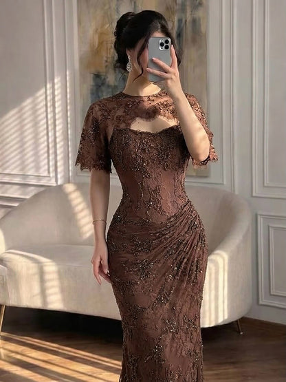 Luxury Brown Beaded Mermaid Gown with Cape LA73370 SERENE HILL