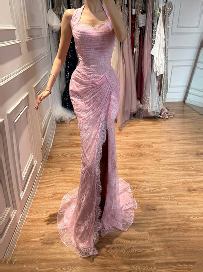 Luxury Pink Lace Halter Saudi Arabic High Split Evening Dress LA73372