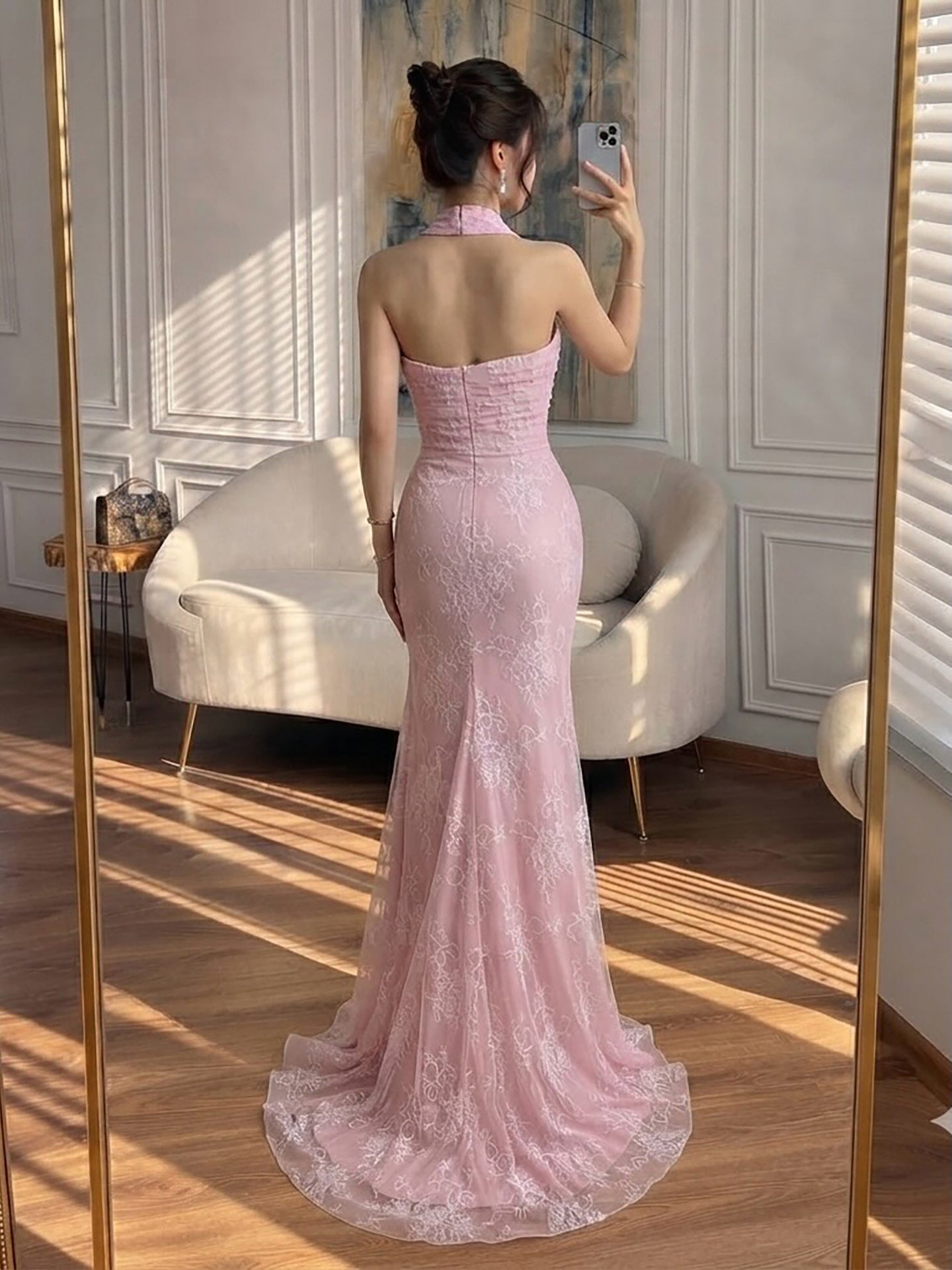 Luxury Pink Lace Halter Saudi Arabic High Split Evening Dress LA73372