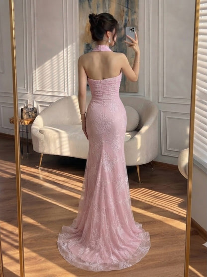 Luxury Pink Lace Halter Saudi Arabic High Split Evening Dress LA73372