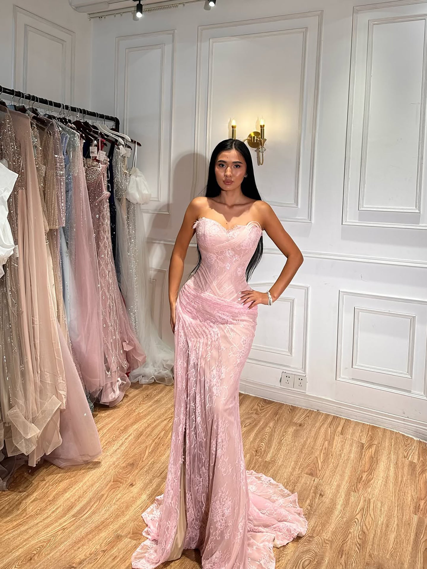 Luxury Pink Saudi Arabic Lace Embroidery Evening Dress LA73373 SERENE HILL