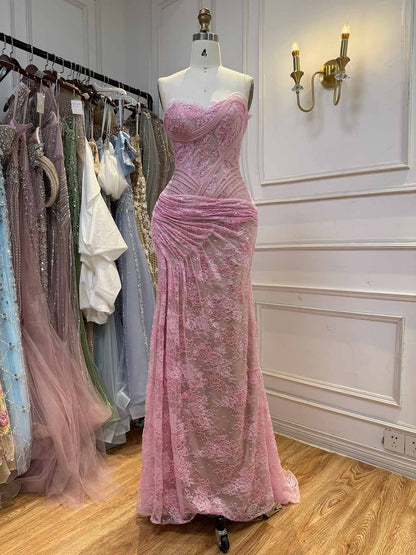 Luxury Pink Lace Corset Mermaid Slit Evening Dress LA73373A SERENE HILL