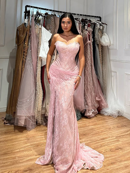Luxury Pink Lace Corset Mermaid Slit Evening Dress LA73373A SERENE HILL