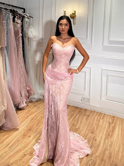 Luxury Pink Lace Corset Mermaid Slit Evening Dress LA73373A SERENE HILL
