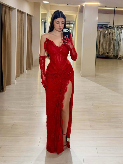 Luxury Pink Lace Corset Mermaid Slit Evening Dress LA73373A SERENE HILL