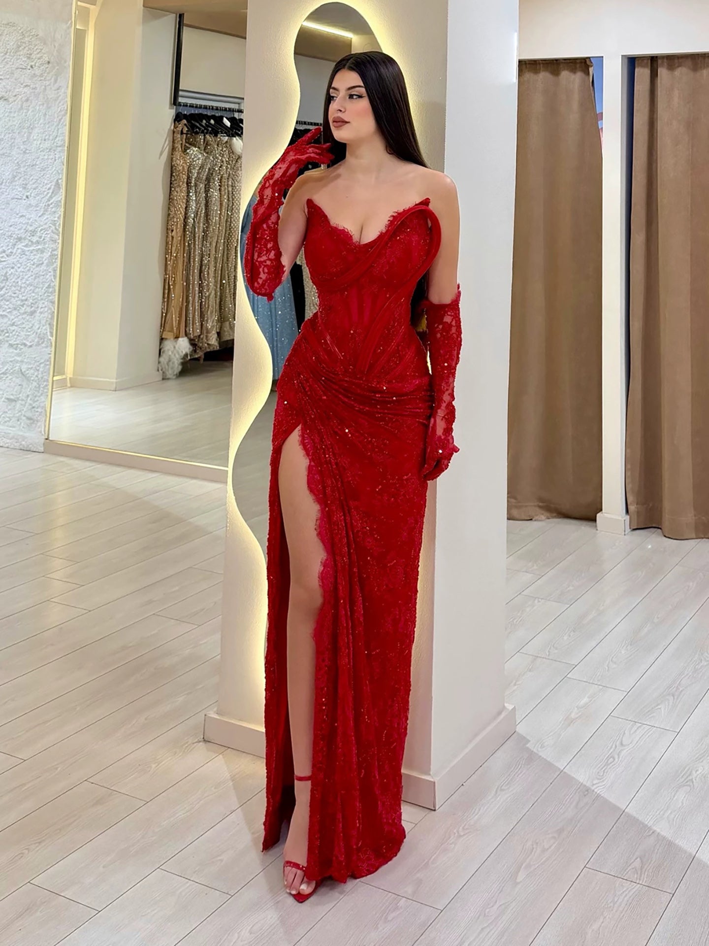 Luxury Pink Lace Corset Mermaid Slit Evening Dress LA73373A SERENE HILL
