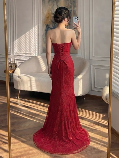 Luxury Pink Lace Corset Mermaid Slit Evening Dress LA73373A SERENE HILL