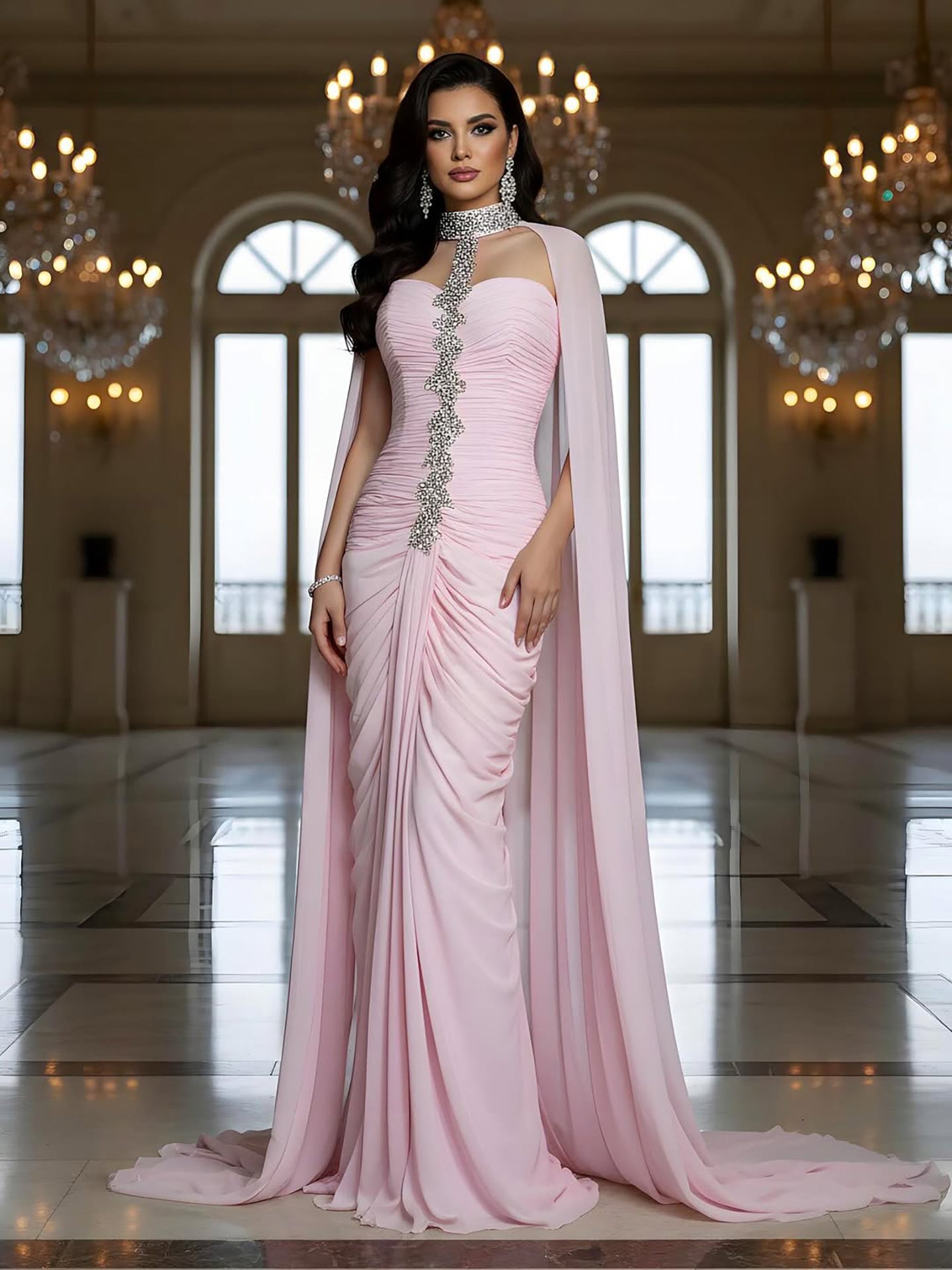 Luxury Pink Halter Crystal Beaded Evening Dress with Cape LA73374 - SERENE  HILL