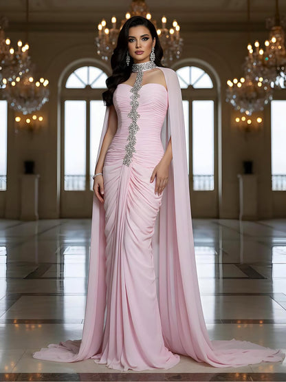 Luxury Pink Halter Crystal Beaded Evening Dress with Cape LA73374 - SERENE  HILL