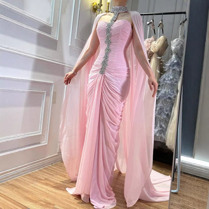 Luxury Pink Halter Crystal Beaded Evening Dress with Cape LA73374 - SERENE  HILL