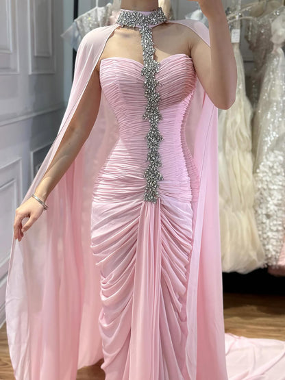 Luxury Pink Halter Crystal Beaded Evening Dress with Cape LA73374 - SERENE  HILL