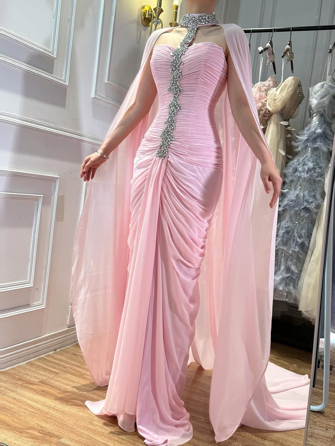 Luxury Pink Halter Crystal Beaded Evening Dress with Cape LA73374 - SERENE  HILL