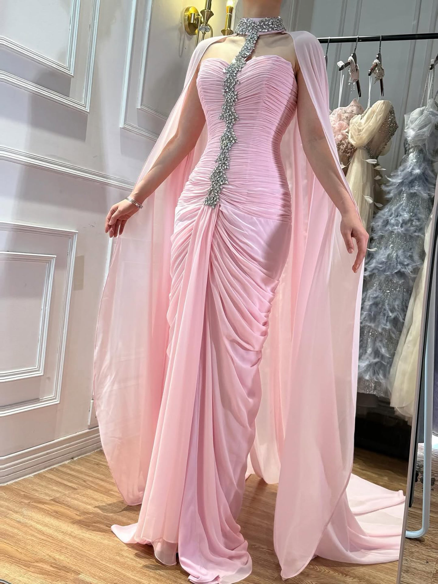 Luxury Pink Halter Crystal Beaded Evening Dress with Cape LA73374 - SERENE  HILL
