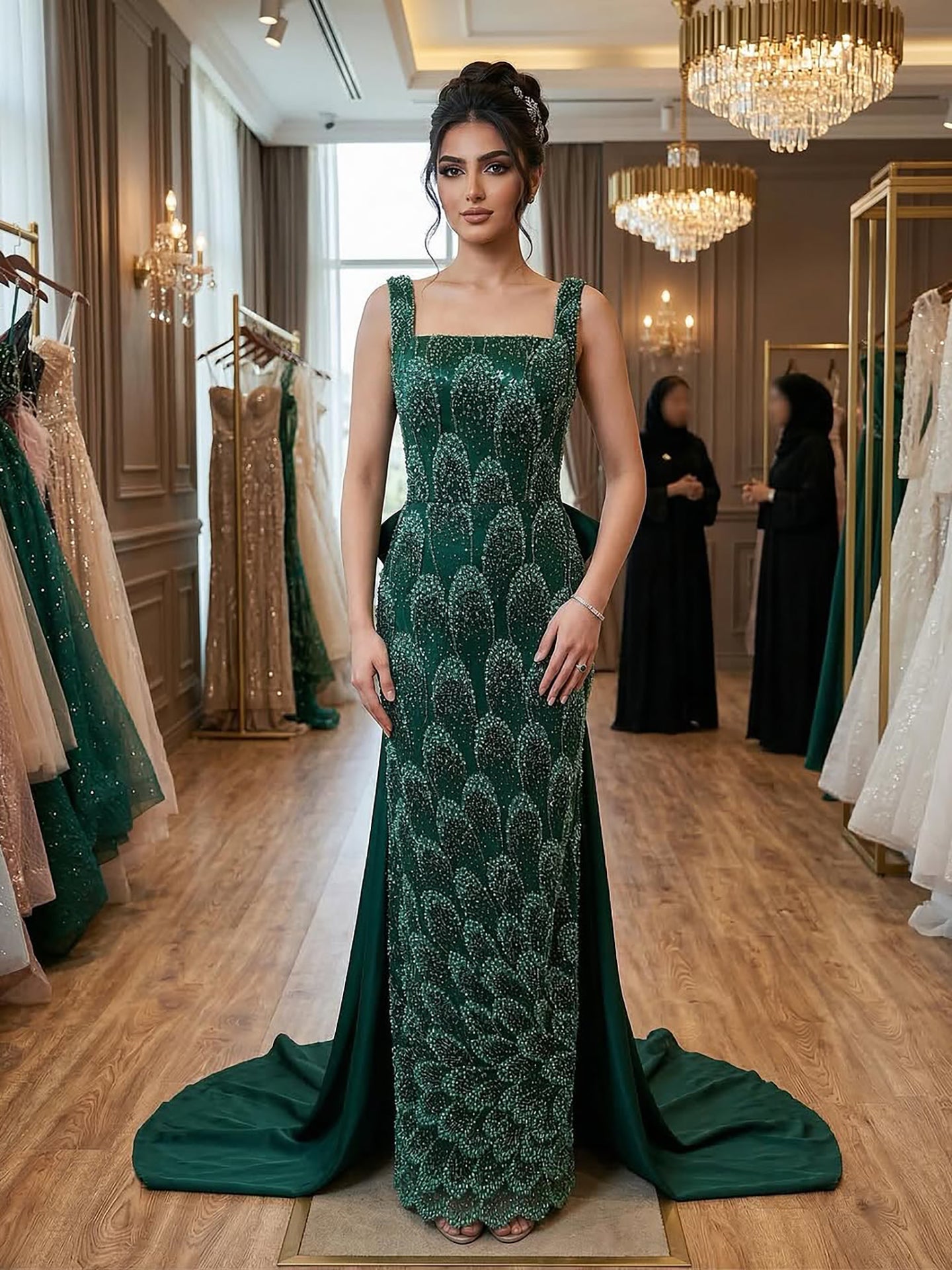 Luxury Evening Dress Emerald Green Bow Sheath Straight With Train LA73380