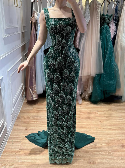Luxury Evening Dress Emerald Green Bow Sheath Straight With Train LA73380