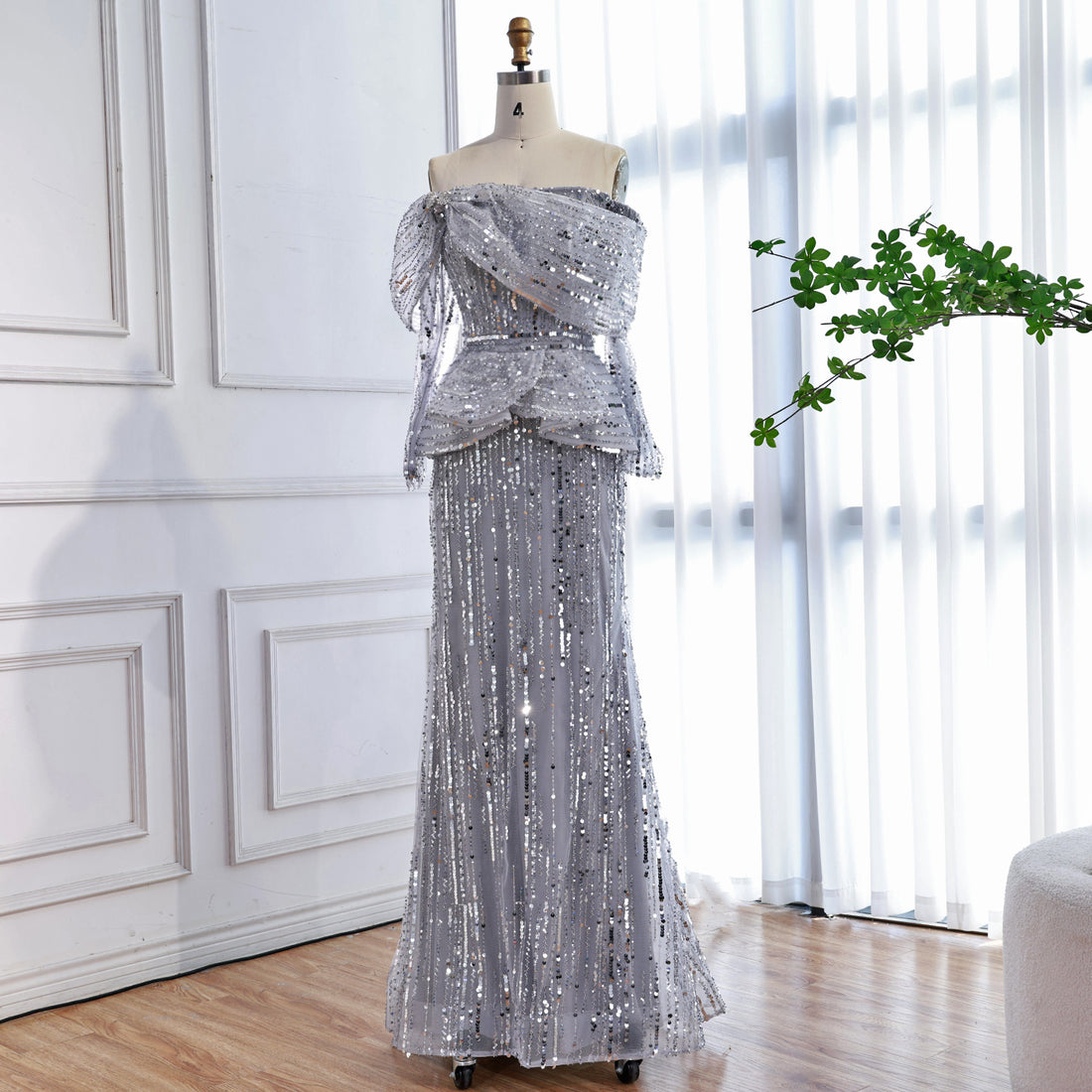 Luxury Gray Off Shoulder Beaded Mermaid Evening Dress With Sleeves LA73383