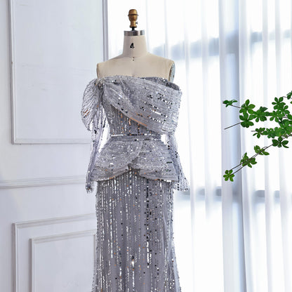 Luxury Gray Off Shoulder Beaded Mermaid Evening Dress With Sleeves LA73383