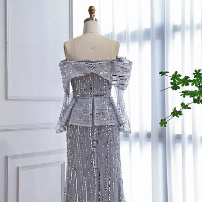 Luxury Gray Off Shoulder Beaded Mermaid Evening Dress With Sleeves LA73383