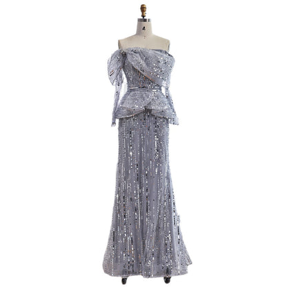 Luxury Gray Off Shoulder Beaded Mermaid Evening Dress With Sleeves LA73383