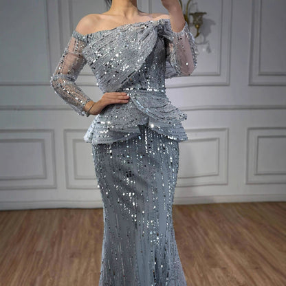 Luxury Gray Off Shoulder Beaded Mermaid Evening Dress With Sleeves LA73383