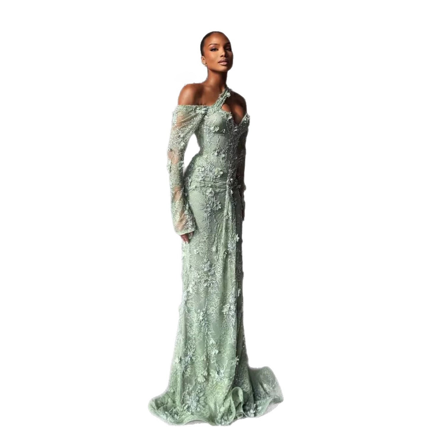 Luxury Sage Green Beaded 3D Floral Lace Evening Dress LA73384 - SERENE  HILL