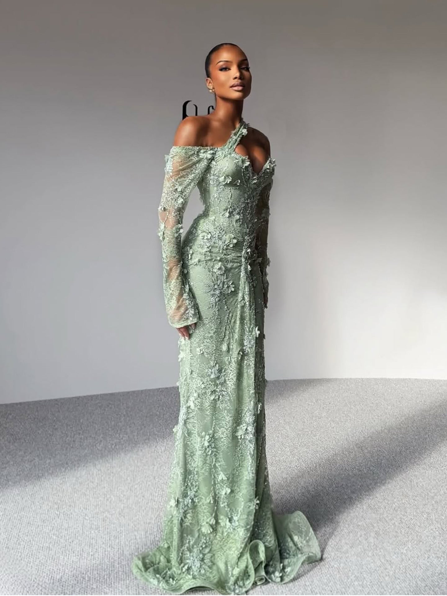 Luxury Sage Green Beaded 3D Floral Lace Evening Dress LA73384 - SERENE  HILL
