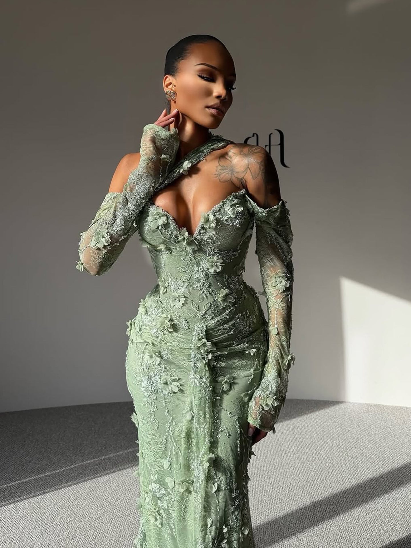 Luxury Sage Green Beaded 3D Floral Lace Evening Dress LA73384 - SERENE  HILL