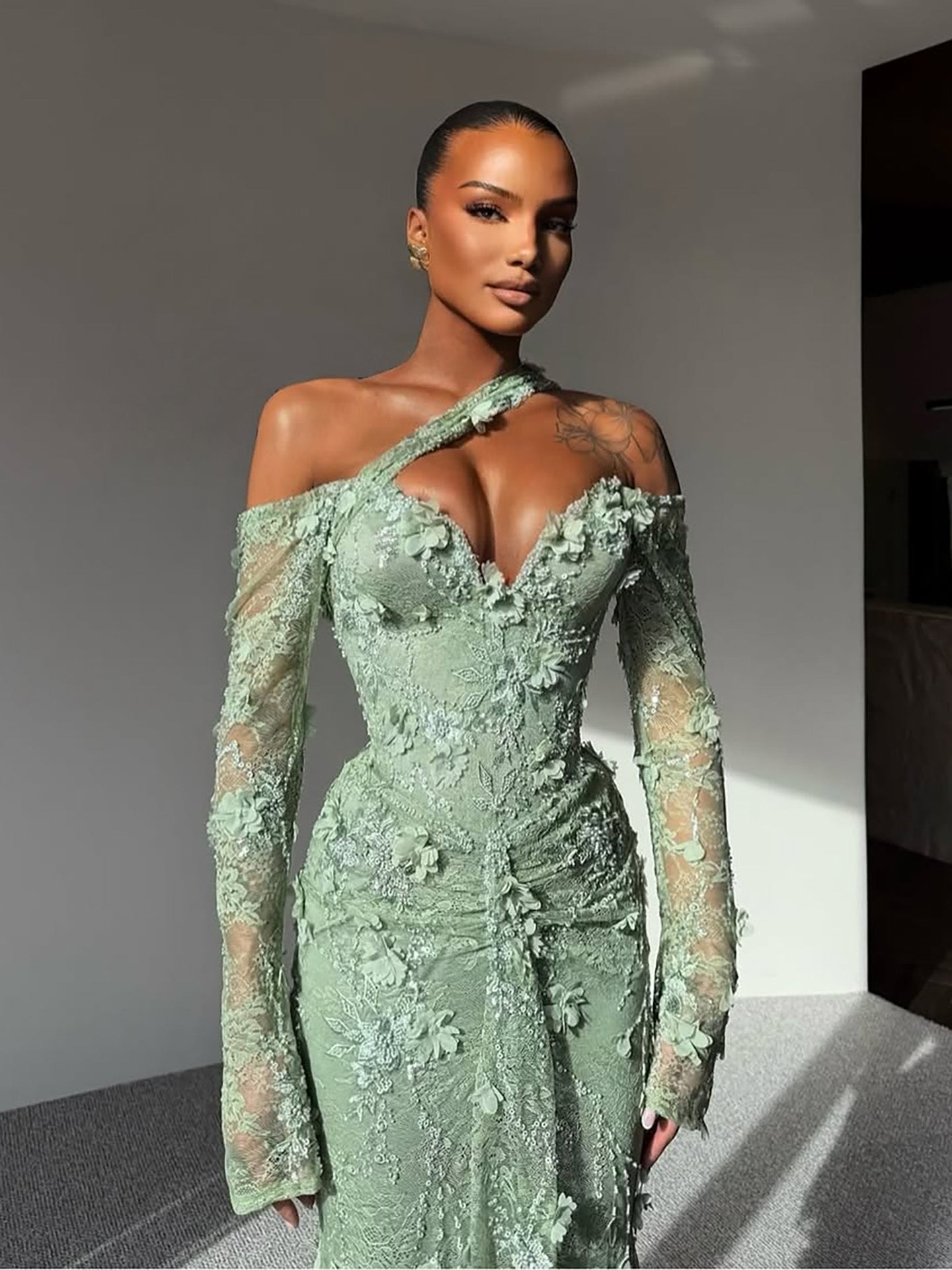 Luxury Sage Green Beaded 3D Floral Lace Evening Dress LA73384 - SERENE  HILL