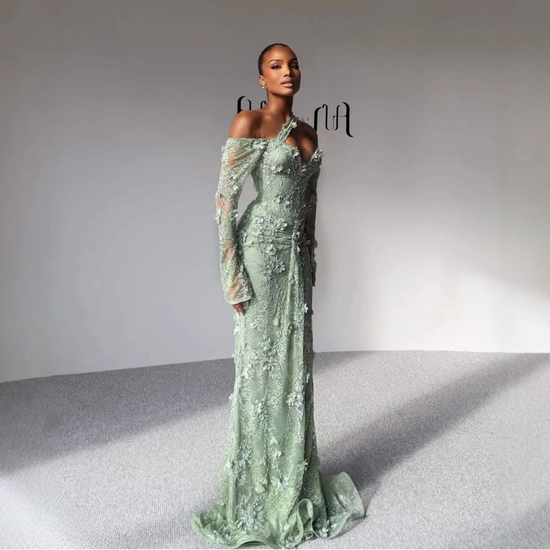 Luxury Sage Green Beaded 3D Floral Lace Evening Dress LA73384 - SERENE  HILL