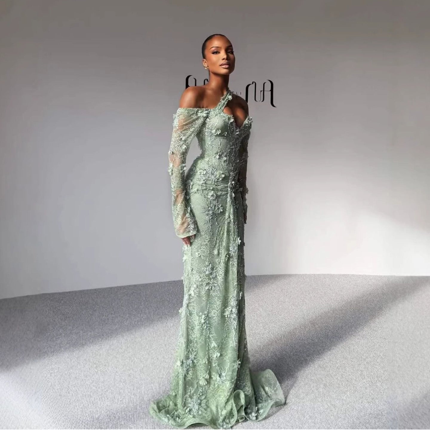 Luxury Sage Green Beaded 3D Floral Lace Evening Dress LA73384 - SERENE  HILL